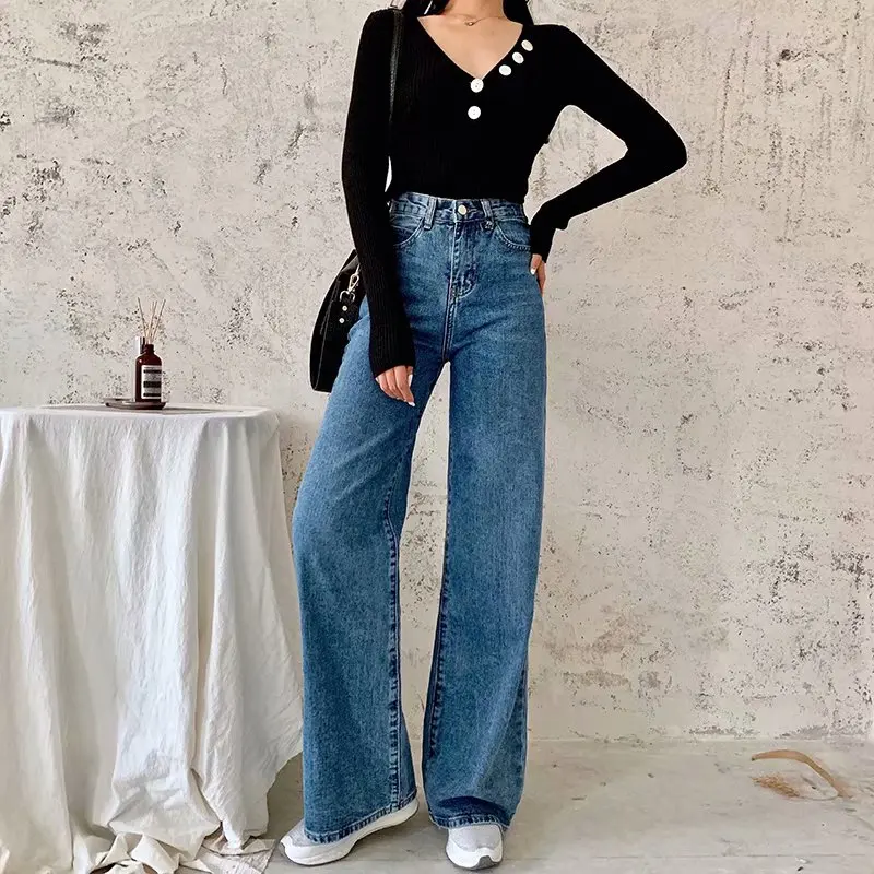 High Waist Solid Color Wide Leg Jeans Spring Autumn New Retro Style Women Street Style Classic Slim Straight Denim Pants Lady