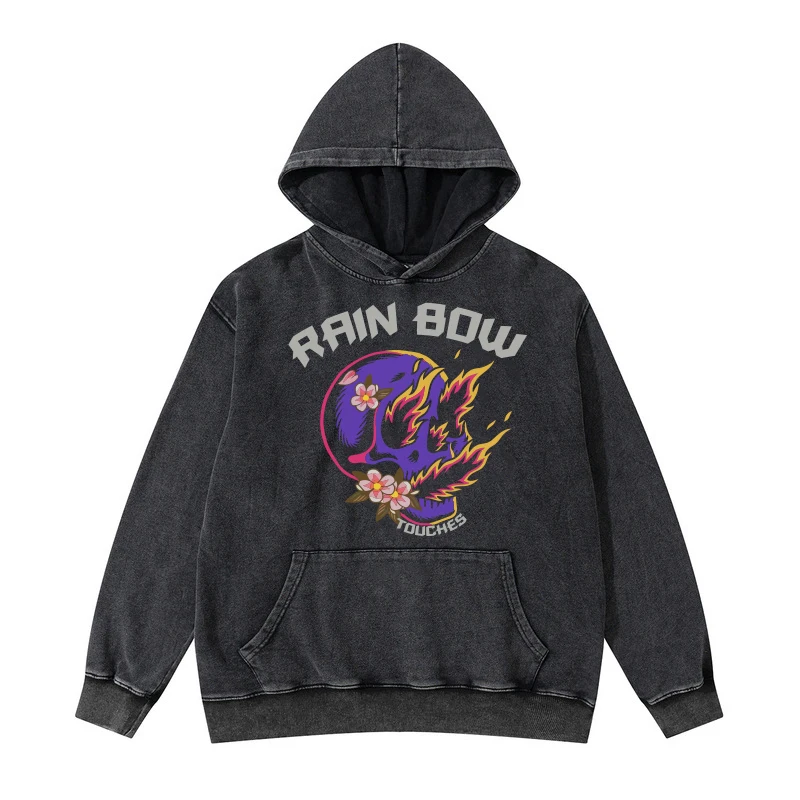 

Rainbowtouches Washed Hooded Fashion Skull Design Sweatshirts Print High Street Cotton Fashion Occident Stylish Black Clothing