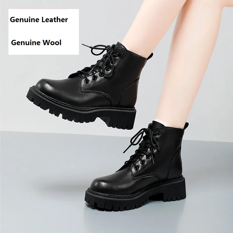

Black Ankle Boots Women Genuine Cow Leather Lace-Up Round Toe Lady Booties Autumn Winter Platform Sole Shoes Handmade Warm Wool