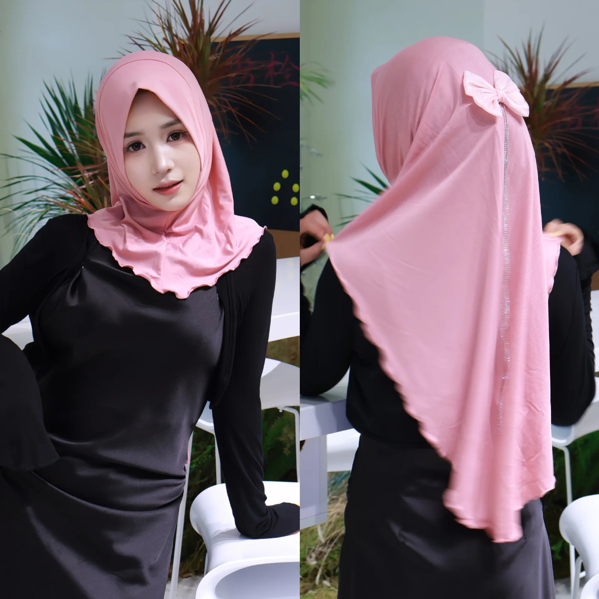 Fashion Bowknot Hijab Women Muslim Instant Scarf Turban Pull On Ready Made To Wear Headscarf One Piece Amira Islam Niqab Nikab