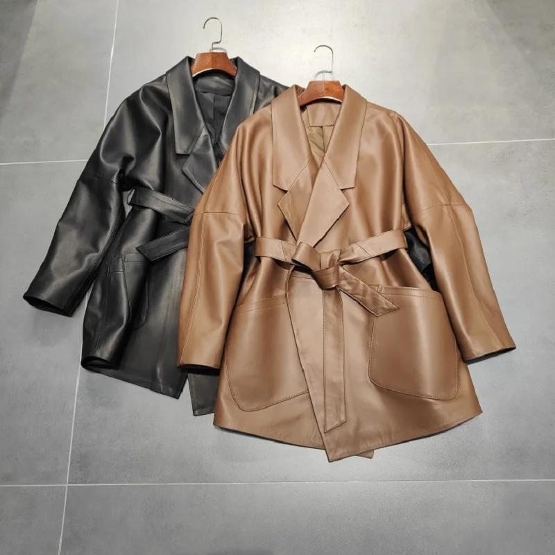 Женское длинное пальто из овчины на осень и зиму облегающая черная/кофейная