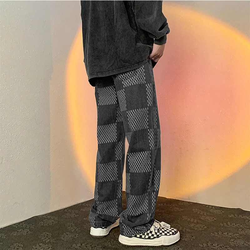 European and American Hiphop Pants High Street Ins Tide Brand Jacquard Plaid Jeans Men's Retro Loose Straight Casual Jeans