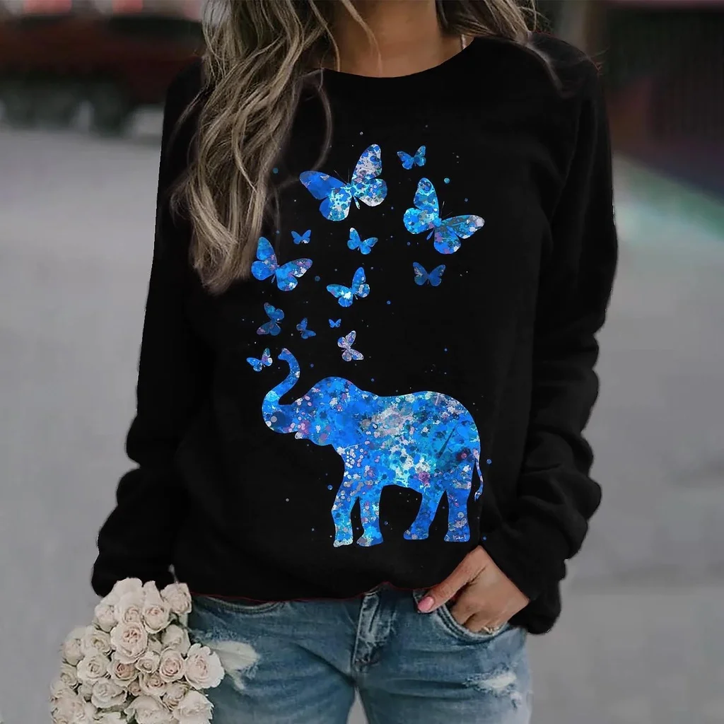 

2022 [New In] Women Casual T Shirt 3D Print Butterfly And Elephant Pattern O-Neck Street Casual Oversized Tops Plus Size