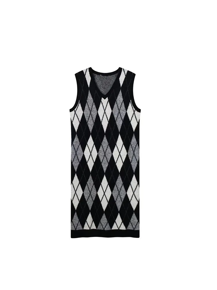 

Women 2023 New Chic Fashion Rhombus Knitting Dress Vintage Sleeveless Female Dress Loose Straight Mujer
