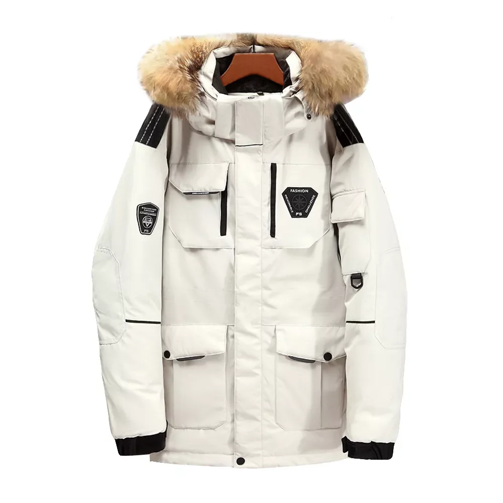 

2023New Winter New Men's White Duck Down Jacket Large Fur Collar Hooded Coats Splicing Tooling Style Thick Warm Parka Male B