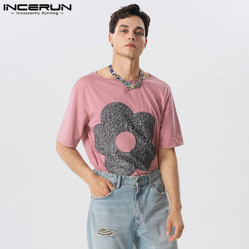 

INCERUN 2023 Men T Shirt Flower Patchwork Round Neck Short Sleeve Streetwear Casual Tee Tops Men Summer Loose Camisetas S-5XL