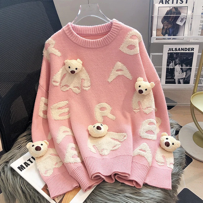 

Kawaii Three Dimensional Cute Decoration Bear Oversized Pink Sweater Women 2023 Casual All Match Jumper Knitted Tops