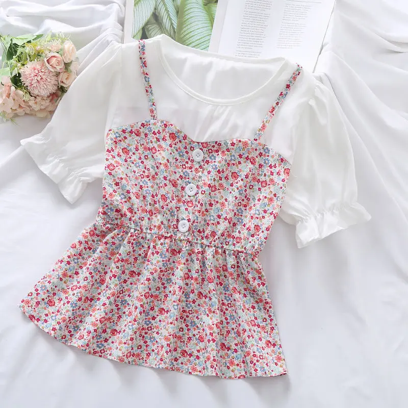 

Женские летние модные топы с имитацией двух предметов, рубашки, женские облегающие повседневные рубашки с круглым вырезом, женские лоскутн...