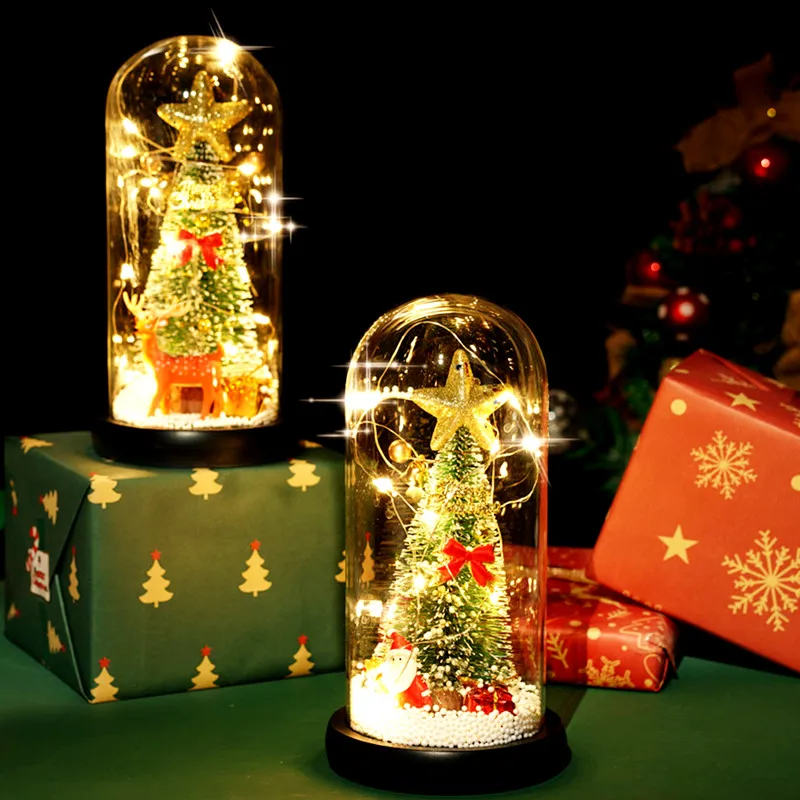 Новогодние подарки 2023 года, лось, Санта, елка в стеклянной крышке, сказочные светодиодные огни, рождественские украшения для дома, праздничн...
