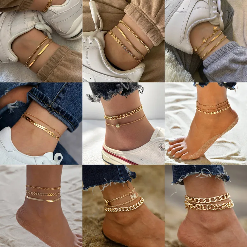 

WUKALO New Vintage Simple Gold Color Link Chain Anklets for Women Bohemian Leaves Ball Snake Anklet Bracelet Jewelry Gifts