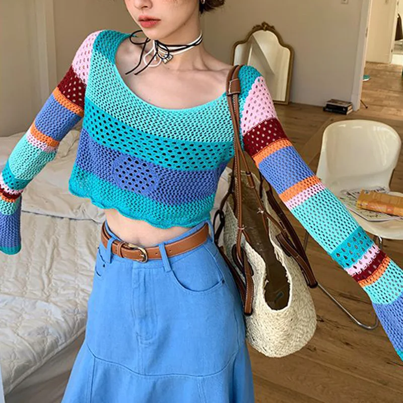 

2023 New Spring Summer Trend Sexy Patchwork Multicolor Knitting Hollow Out O-neck Long Sleeve T-Shirt Femme Fashion Crop Top