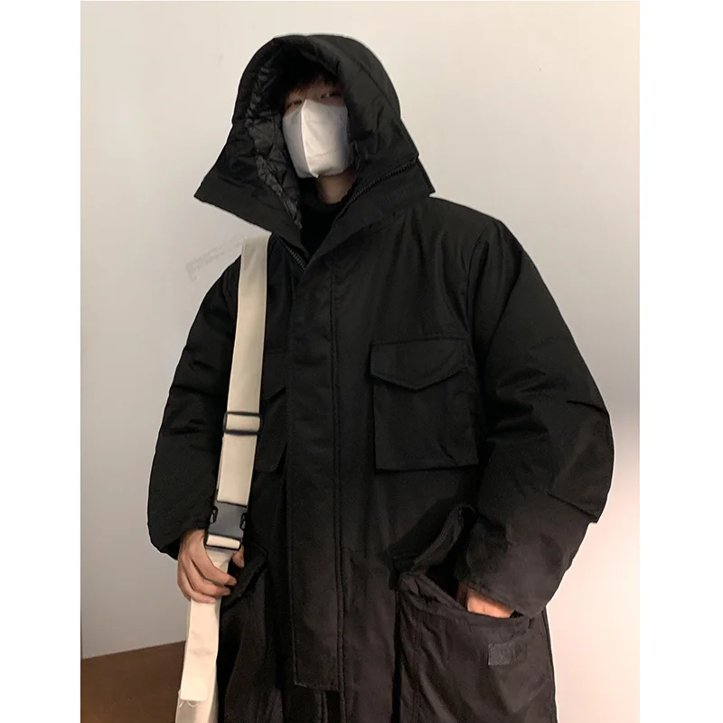 Winter Jacket Men Warm Fashion Retro Pocket Thickened Down Jacket Men Streetwear Korean Loose Mid Length Hooded Coat Mens Parker