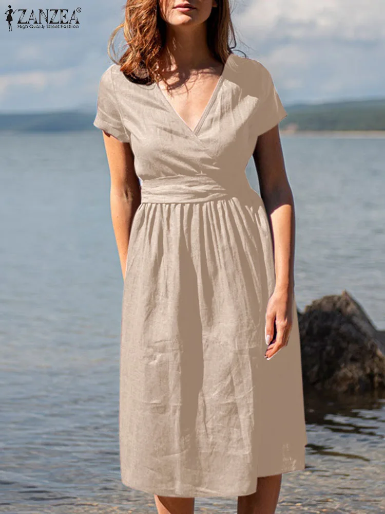 

Женский пляжный сарафан ZANZEA с V-образным вырезом и коротким рукавом, летнее платье, женское повседневное однотонное платье на шнуровке, плат...