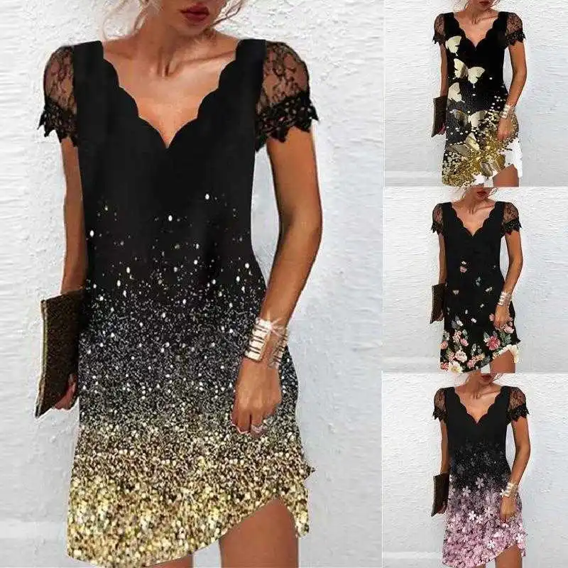 

Womens Fashion Printed Dresses V Neck Lace Short Sleeved Dress For Women Spring And Summer