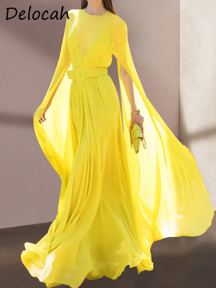 Delocah High Quality Spring Women Fashion Runway Yellow Maxi Dress Cloak Long Sleeves With Belt High Waist Lady Holiday Dresses