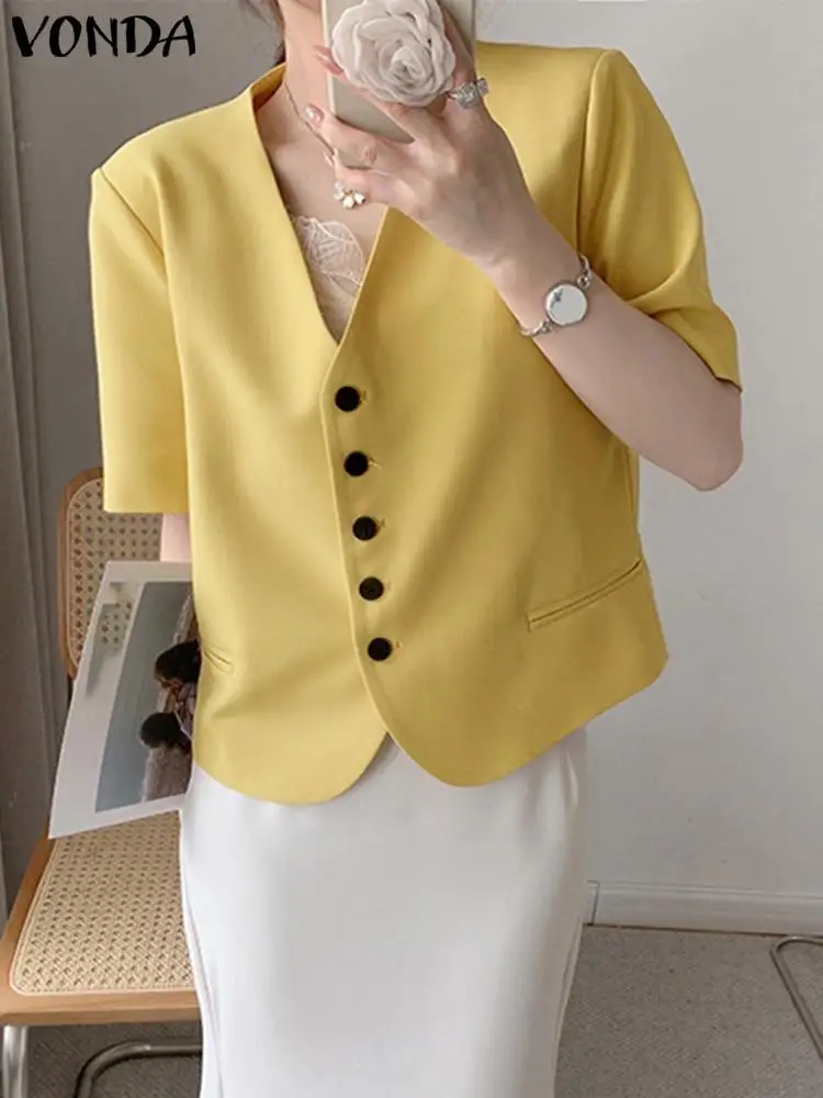 Elegant Lady Office Coat Women Blazer 2023 VONDA Fashion Casual Short Sleeve Blazer Button Outerwear Fashion Overcoat Oversized