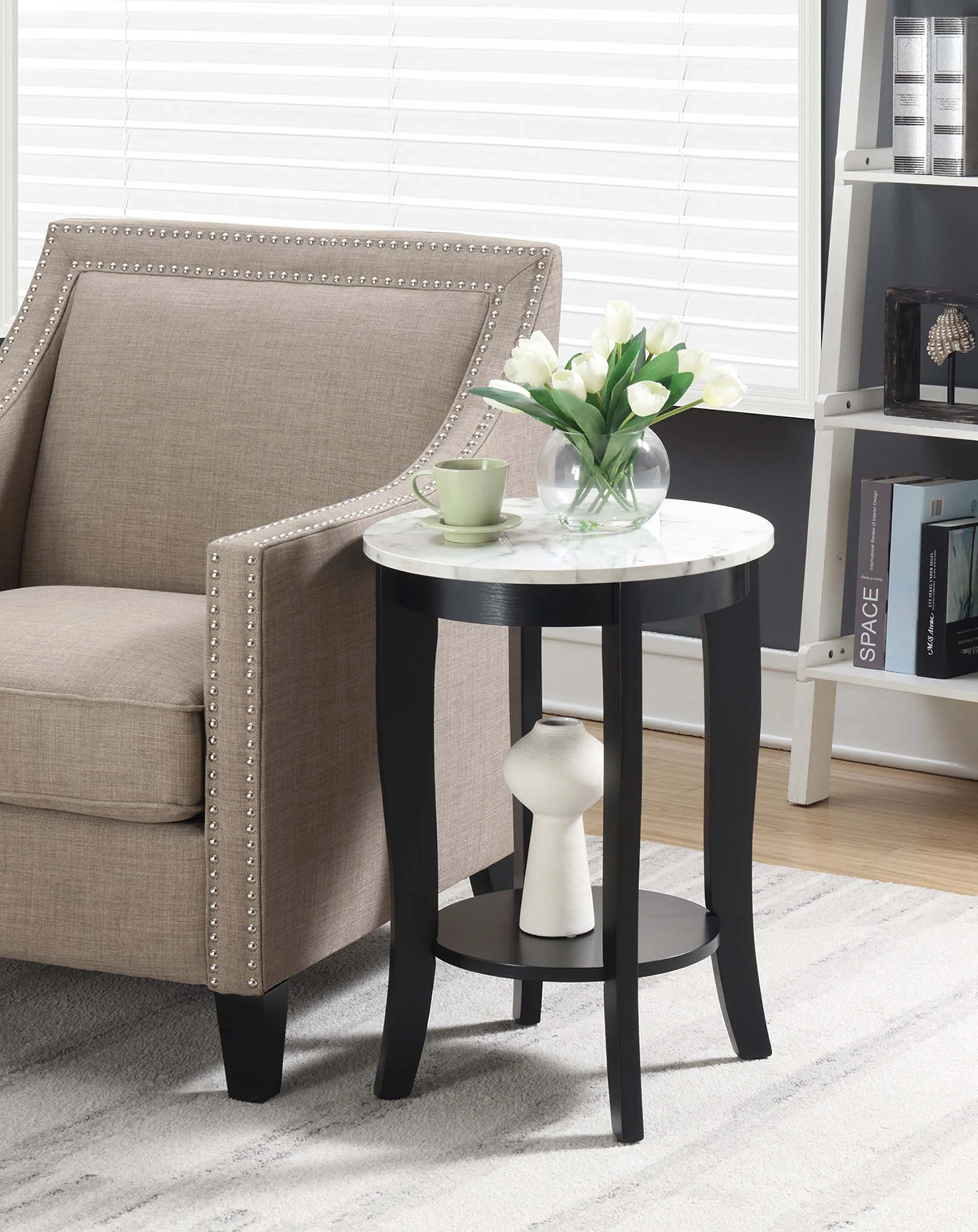 

American Heritage Round End Table with Shelf, White Faux Marble/Black