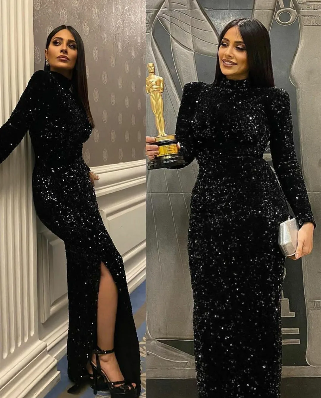 

Винтажное длинное черное вечернее платье с разрезом, платье-Русалка с блестками для выпускного вечера, бальное платье, вечернее платье до пола