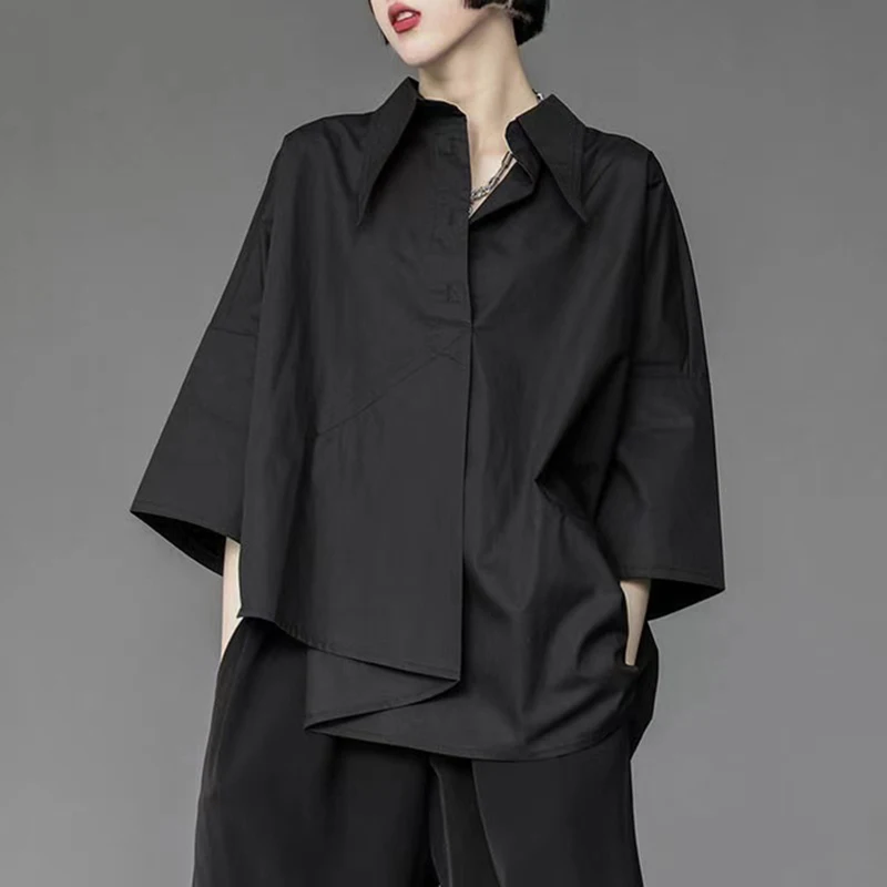 

GIDYQ Y2K Fashion Chiffon Black Shirt Gothic Women Streetwear Loose Tops Dark Academic Female Irregular Three Quarter Blouse new