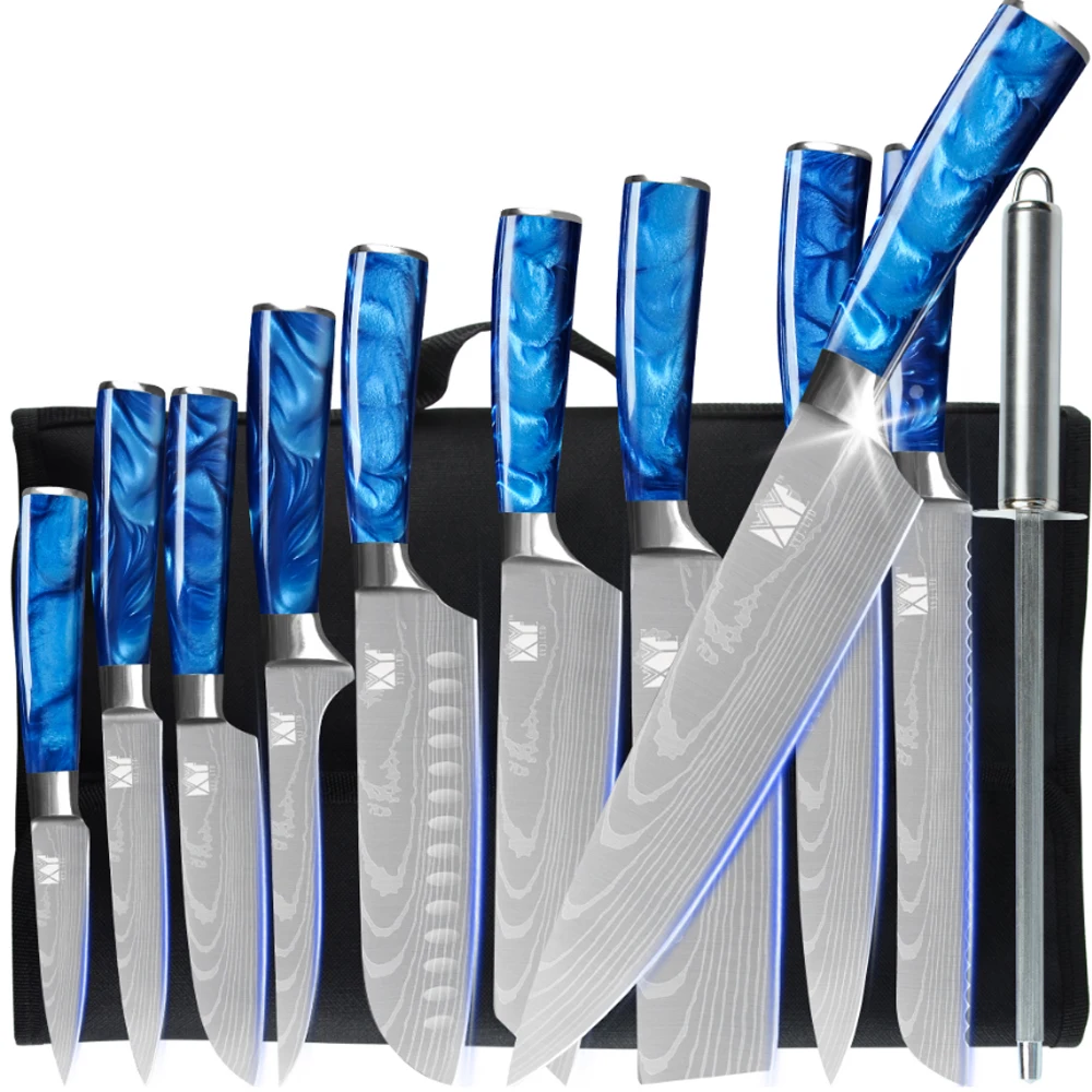 

Kitchen Knife Set Professional With Roll Bag Sharpening Bar 7cr17 Stainless Steel Japanese Chef Knives Set Blue Resin Handle New