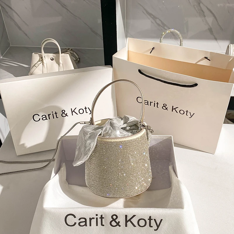 Crystal Shiny Full Rhinestones Diamond Bucket Bag Women's Fashion Handbag Evening Clutch Purse Bling Bag Shoulder Messenger Bag