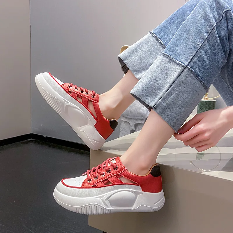 

Cow Leather Retro Thick-soled Biscuit Shoes Women's Spring New All-match Flat Low-top Red Sneakers Casual Canvas Shoes