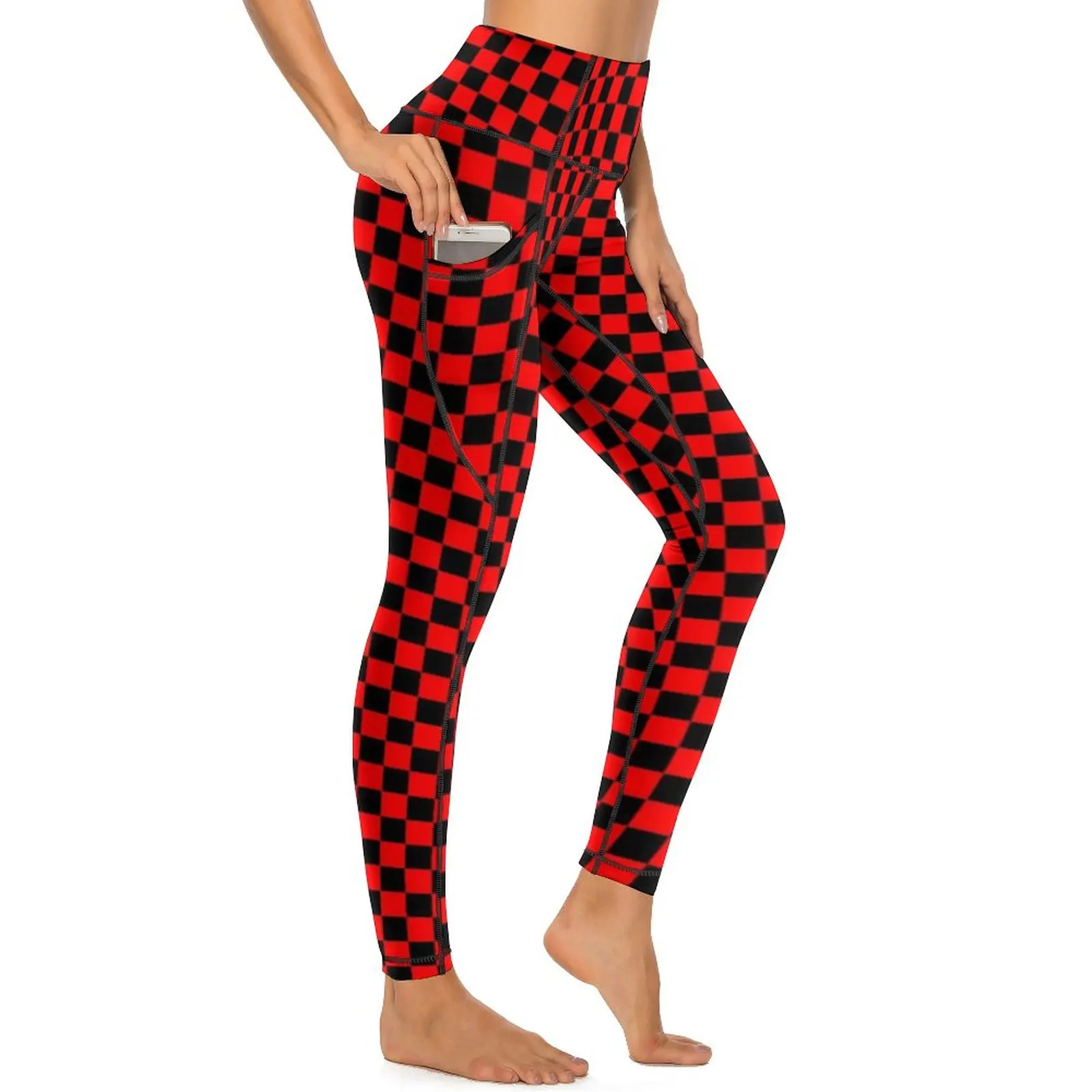 

Checkerboard Quality Yoga Pants Female Red and Black Checkered Leggings Sexy Retro Yoga Sports Tights Stretch Workout Leggins