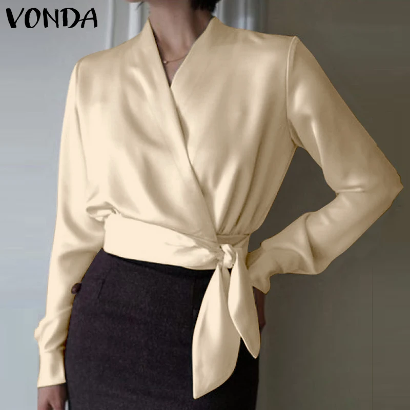 

Spring Blouse Ladies Long Sleeve V Neck High Waist Tops VONDA 2022 Sexy Stain Shirts Party Blusas Femininas Short Shirts