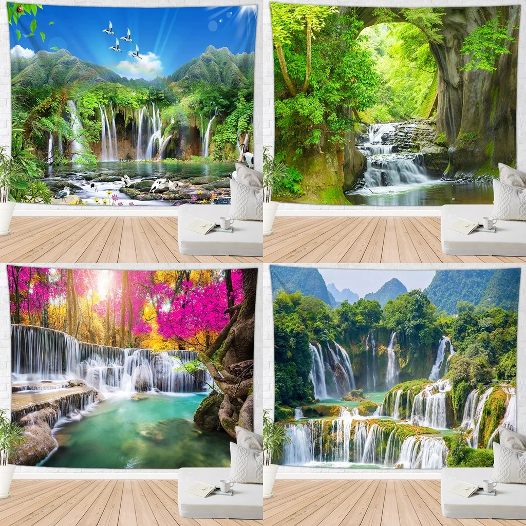 

Waterfall Mountain Forest Crane Tapestry Natural Scenery Flower Lake Trees Wall Hanging Art Tapestries Cloth Blanket Home Decor