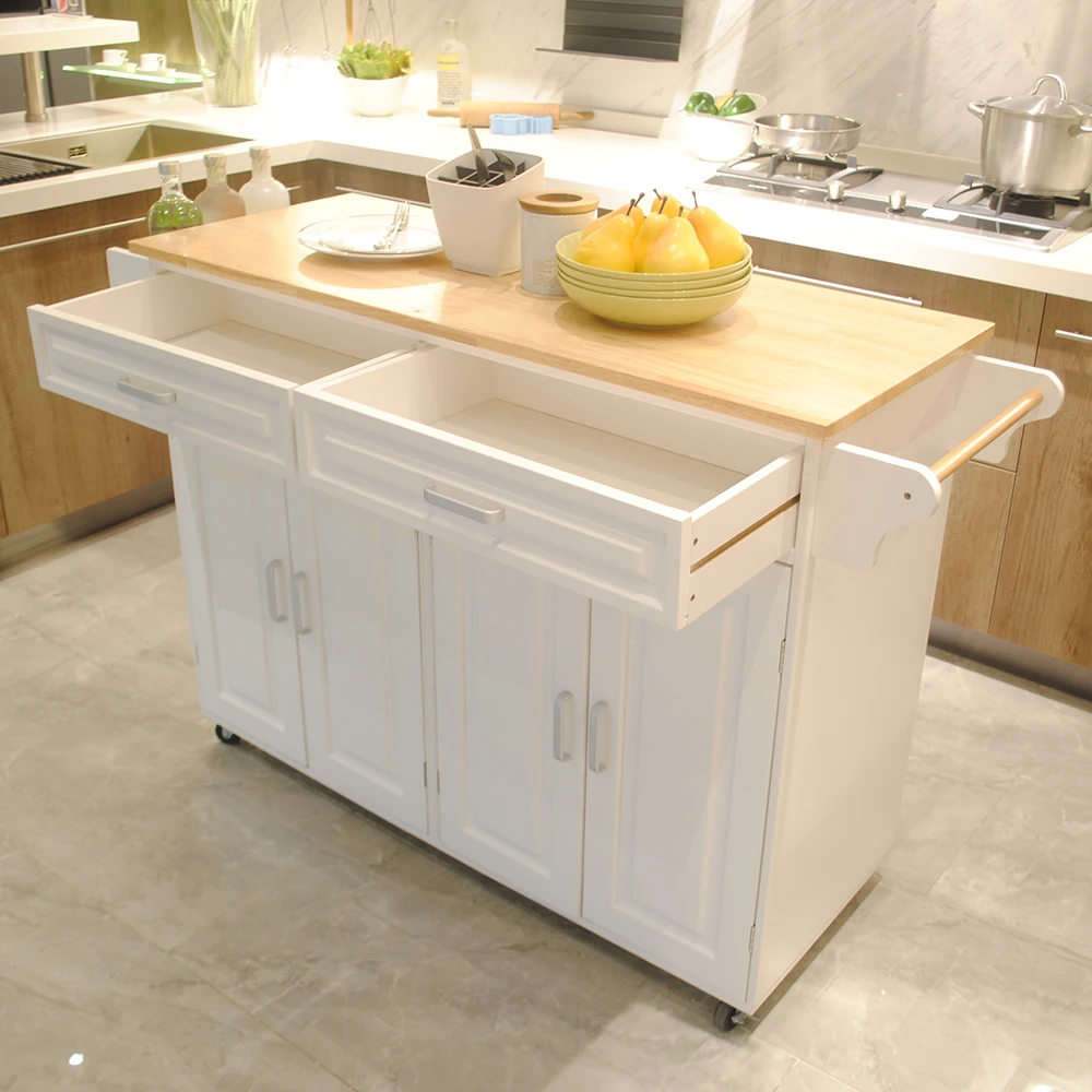 

Kitchen Island Cart Bar Island Rubber Wood Top Big Adjustable Shelf Rotatable Rack Inside Cabinet for Different Utensil Holders