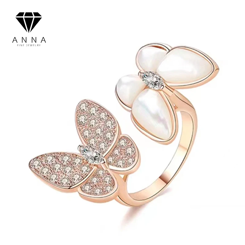 

18K Rose Gold Plated Butterfly Adjustable Ring Cubic Zirconia Diamond And Fritillary Unique Luxury 925 Sterling Silver Jewelry