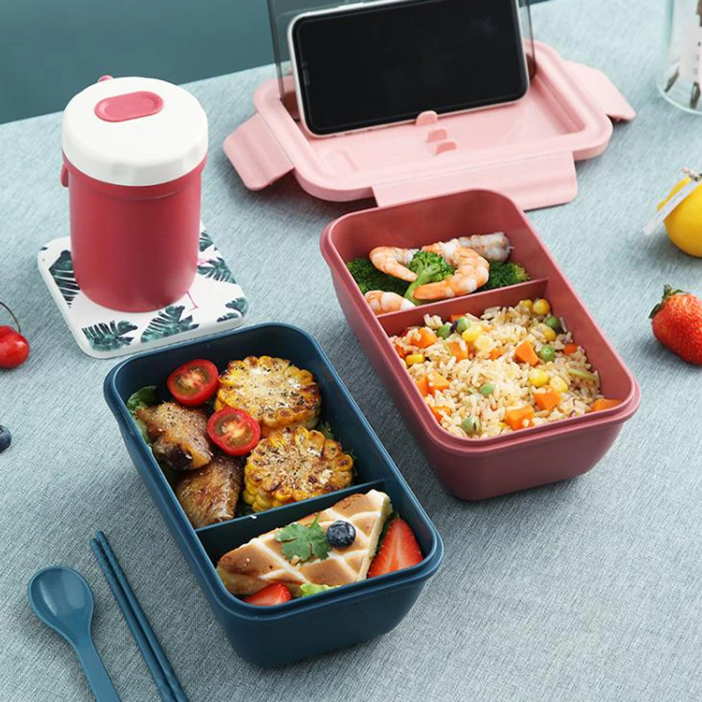 

1set Wheat Straw Lunch Box With Chopsticks Spoon Separated Lunch Box School Office Portable Bento Box For Children Adult 1100ML