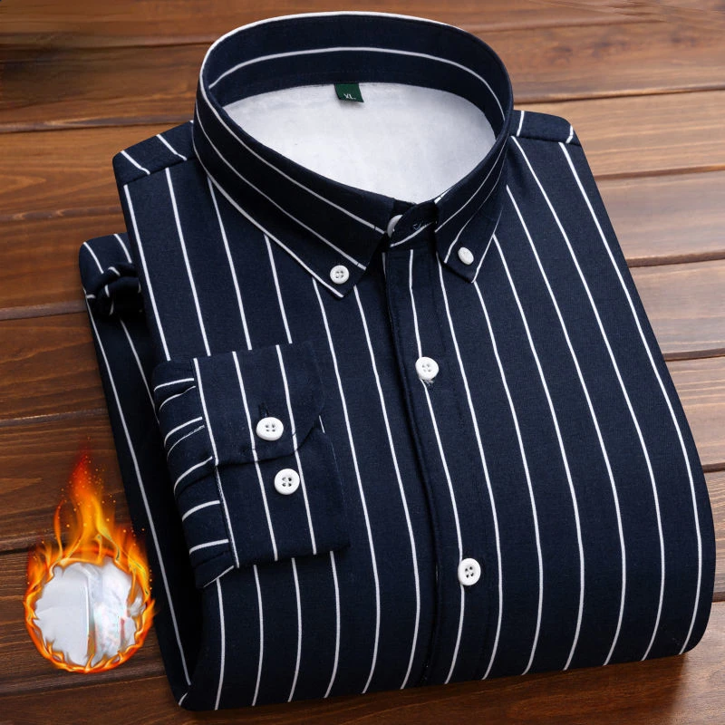 Autumn and Winter Men's Velvet Thickened Warm Shirt Korean Fashion Casual Young and Middle-aged Striped Long Sleeve Plaid Shirt