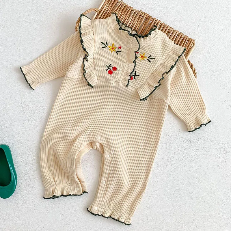 

Newborn Baby Girls Jumpsuit One Piece Outfit Flower Embroidery Infant Baby Girls Romper Spring Autumn Baby Girls Clothes