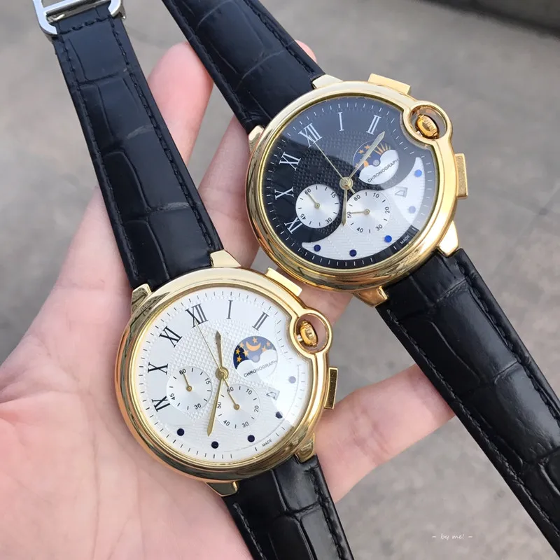 

French Top Luxury Brand Blue Ballow Moon Luxury Watch for Men Calendar Chronograph Men's Relogio Masculino Leather Quartz Watch