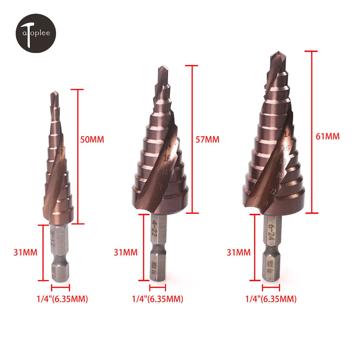 

3Pcs 1/4 Inch Hex Shank HSS Co Spiral Groove Stepped Drill Bits 3-12 4-22 6-24mm Hole Cutter Cone Step Drills for Power Tool