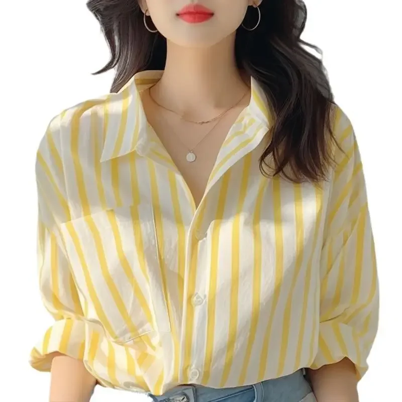 Стильная полосатая рубашка женская ранняя весна новинка 2024 повседневная в