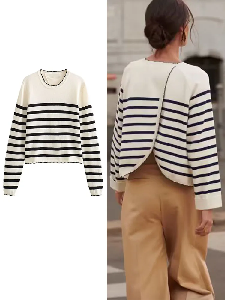 

TRAF 2023 Autumn Women Striped Knitted Sweater Tops Fashion O-neck Long Sleeve Back Split Pullovers Female Causal Sweater