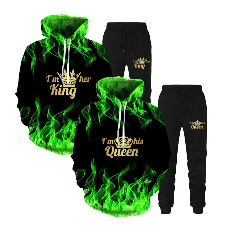 Спортивный костюм для пары свитшот с капюшоном и 3D принтом король королева его ее