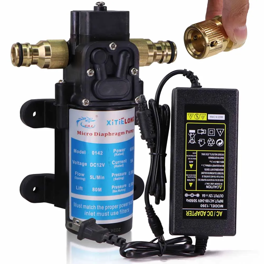 

Самовсасывающий насос 45/60/80/100 Вт с источником питания 110-240 В, быстроразъемный мембранный насос под давлением воды 16 мм для полива и полива