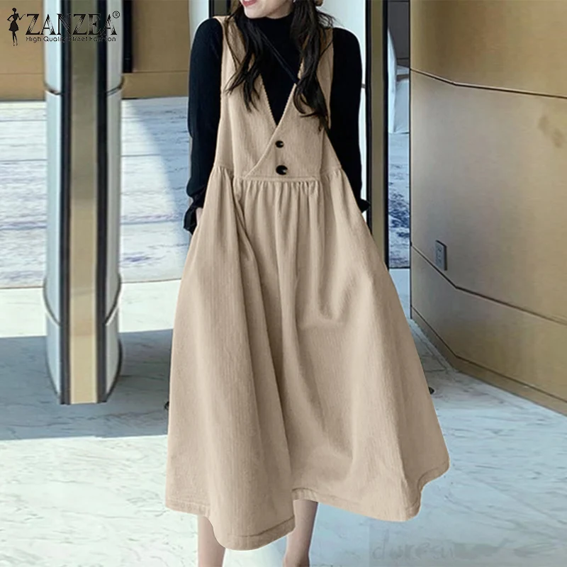 

ZANZEA 2022 Spring Sundress Women Fashion Holiday V Neck Dress Loose Sleeveless Corduroy Tank Vestidos Oversized Robe Overalls