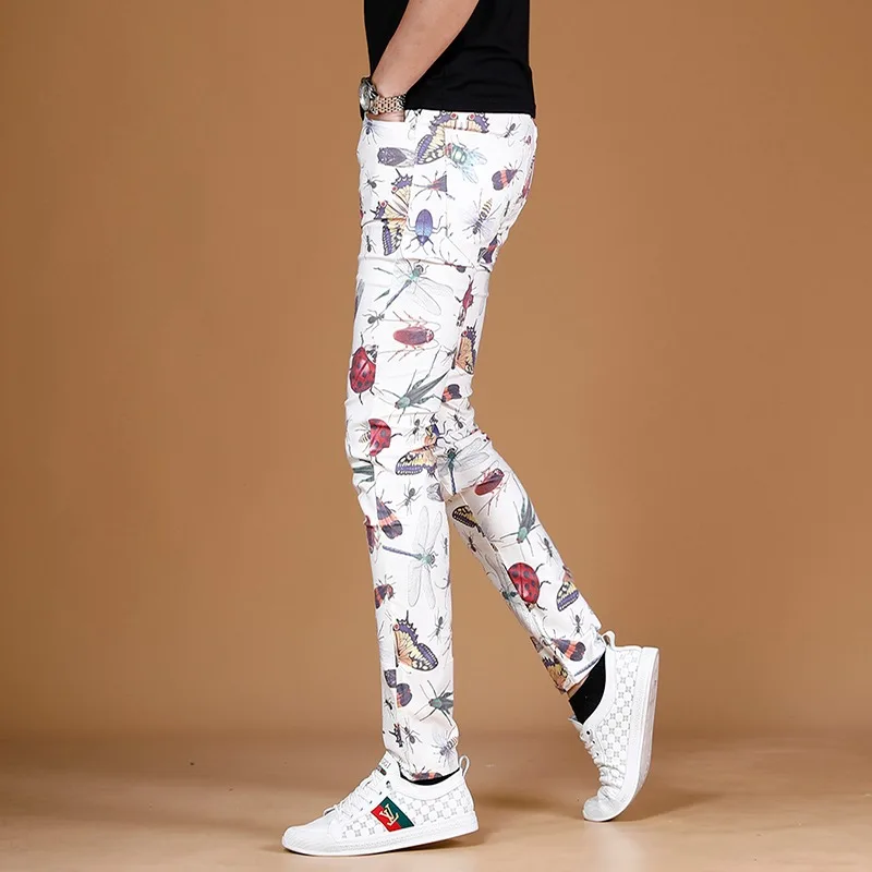 Summer Men White Jeans Fashion Insect Digital Printing Pants Streetwear Casual Straight Slim Fit Denim Trousers CP1632