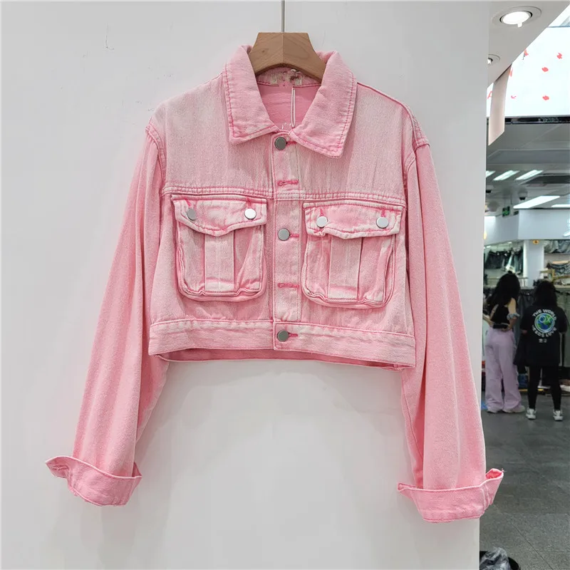 

Pink Denim Jacket for Women's 2023 New Korean Style Loose Bat Sleeve Cowboy Top Washed Jeans Coats Hot Girls Cropped Jackets