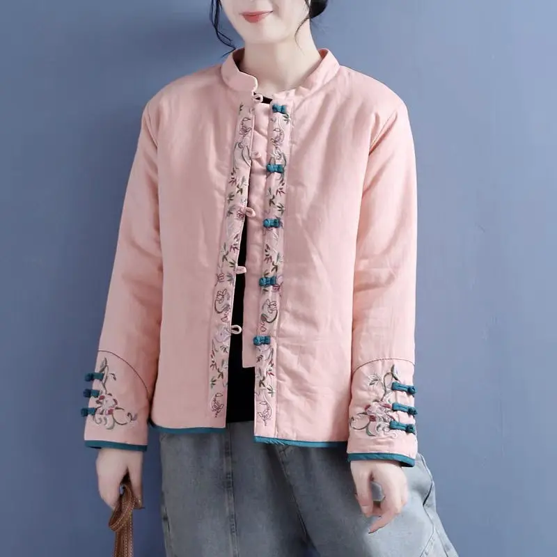 Winter Jacket Women Cotton Clothing Women's Retro Cotton and Linen Embroidered Disc Buckle Stand Collar Chinese Thermal Coat