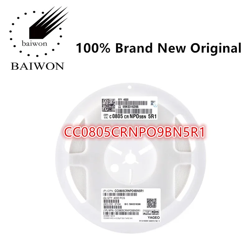 

100%New Original Chip Capacitor 0805 5.1pF(5R1)±0.25pF 50V NP0 CC0805CRNPO9BN5R1