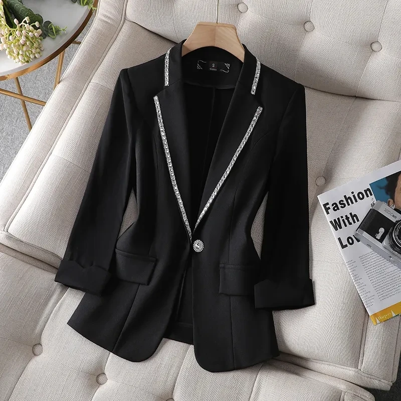 

2023 New Spring Women Blazer Women's Summer Suit Jacket Women's Three-quarter Sleeve Fashion Coat Diamond-studded Suit
