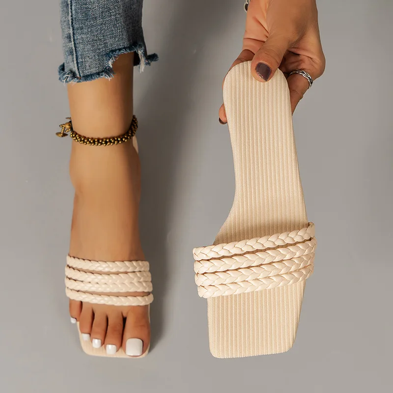 

Fashion Summer Women Slippers Weave Casual Square Head Sandals Lady Slides Flats Women Shoes for Women 2022 New Large Size 35~43