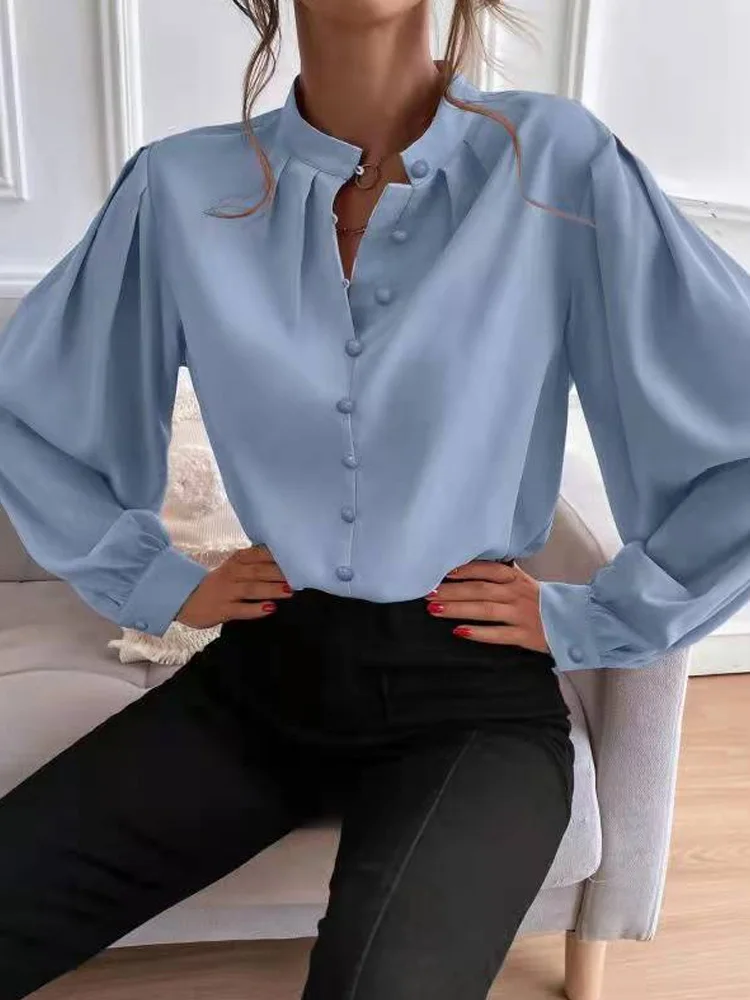 

Блузка женская однобортная на пуговицах, Элегантная Модная рубашка с воротником-стойкой, офисный Повседневный Топ с рукавами-фонариками