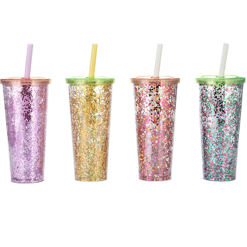

24oz Glitter Boba Tumbler Cup Plastic Bubble Tea Cup with Lid Straw Double Wall Reusable Smoothie Tumbler For Christmas Gift