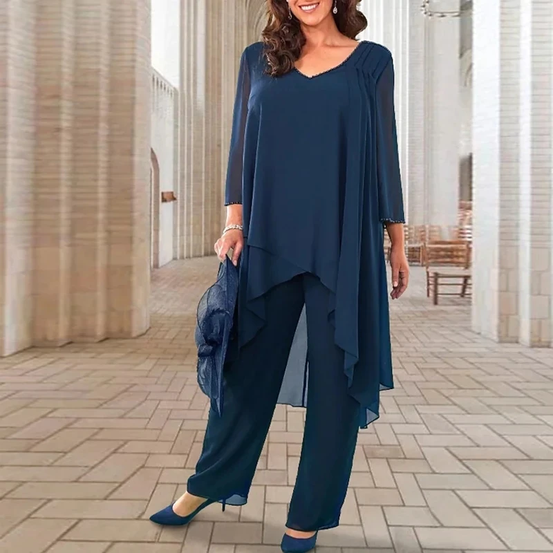 

Elegant Mother Chiffon Pantsuit Navy 2 Pcs V Neck Long Sleeve Irregular Top Loose Pants Ankle Length Wedding Party Guest Outfits